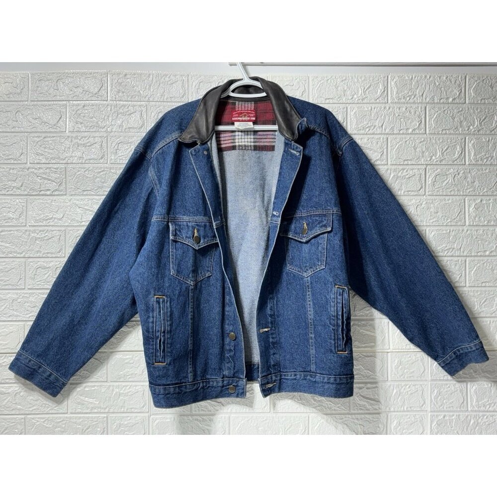Vintage Marlboro Country Store Denim Jacket Large Blue Trucker Leather Collar L